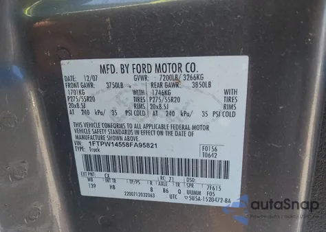 2008 Ford F-150 из США, поврежденный, VIN 1FTPW14558FA95821